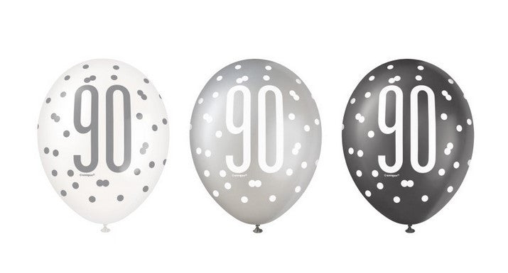Age 90 Black Silver White Glitz Birthday Latex Balloons