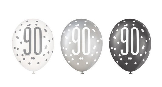 Age 90 Black Silver White Glitz Birthday Latex Balloons