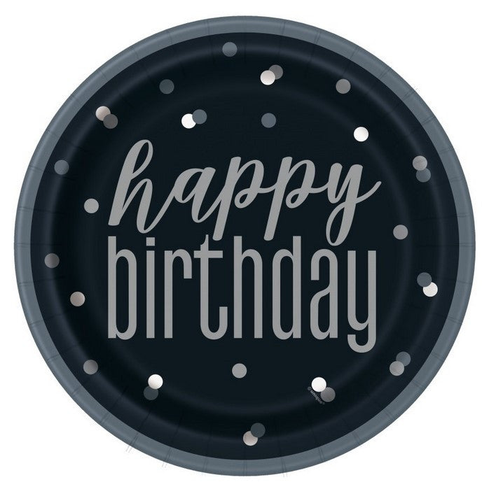 Glitz Black and Silver Dot Happy Birthday 9inch Dinner Large Paper Plates