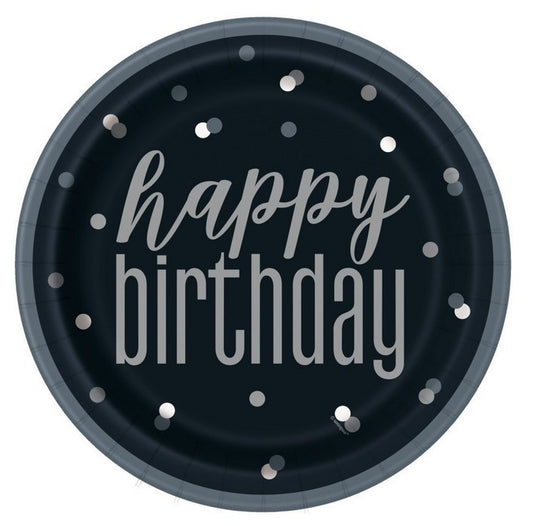 Glitz Black and Silver Dot Happy Birthday 9inch Dinner Large Paper Plates