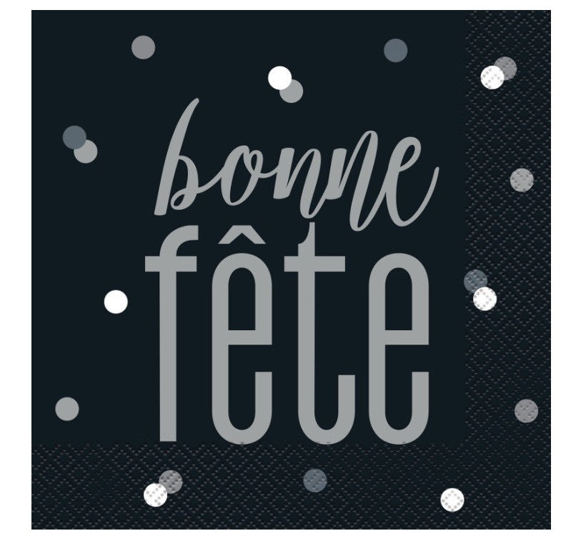 16 Black & Silver "Bonne Fete" Luncheon Napkins