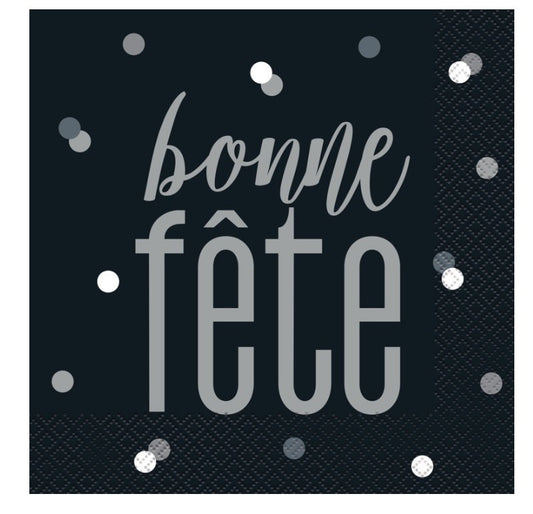 16 Black & Silver "Bonne Fete" Luncheon Napkins