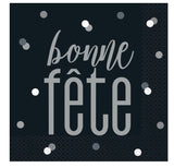 16 Black & Silver "Bonne Fete" Luncheon Napkins
