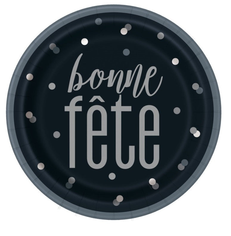 Black and Silver "Bonne Fete" 9" Dinner Plates  8ct