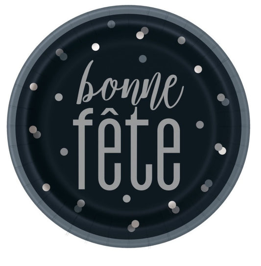 Black and Silver "Bonne Fete" 9" Dinner Plates  8ct