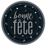 Black and Silver "Bonne Fete" 9" Dinner Plates  8ct