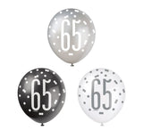 Age 65 Black Silver White Glitz Birthday Latex Balloons