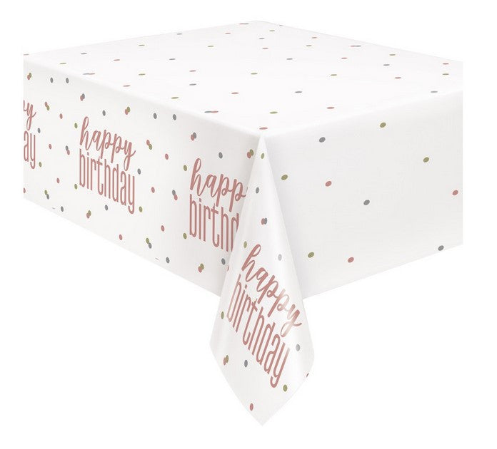 Glitz Rose Gold Dots Happy Birthday Plastic Tablecover