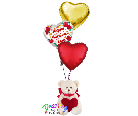 Valentine's Day Helium Bouquet with White Teddy Bear Bearington Collection