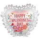 Heart-shaped balloon with 'Happy Valentine's Day' text and floral designs on a white background