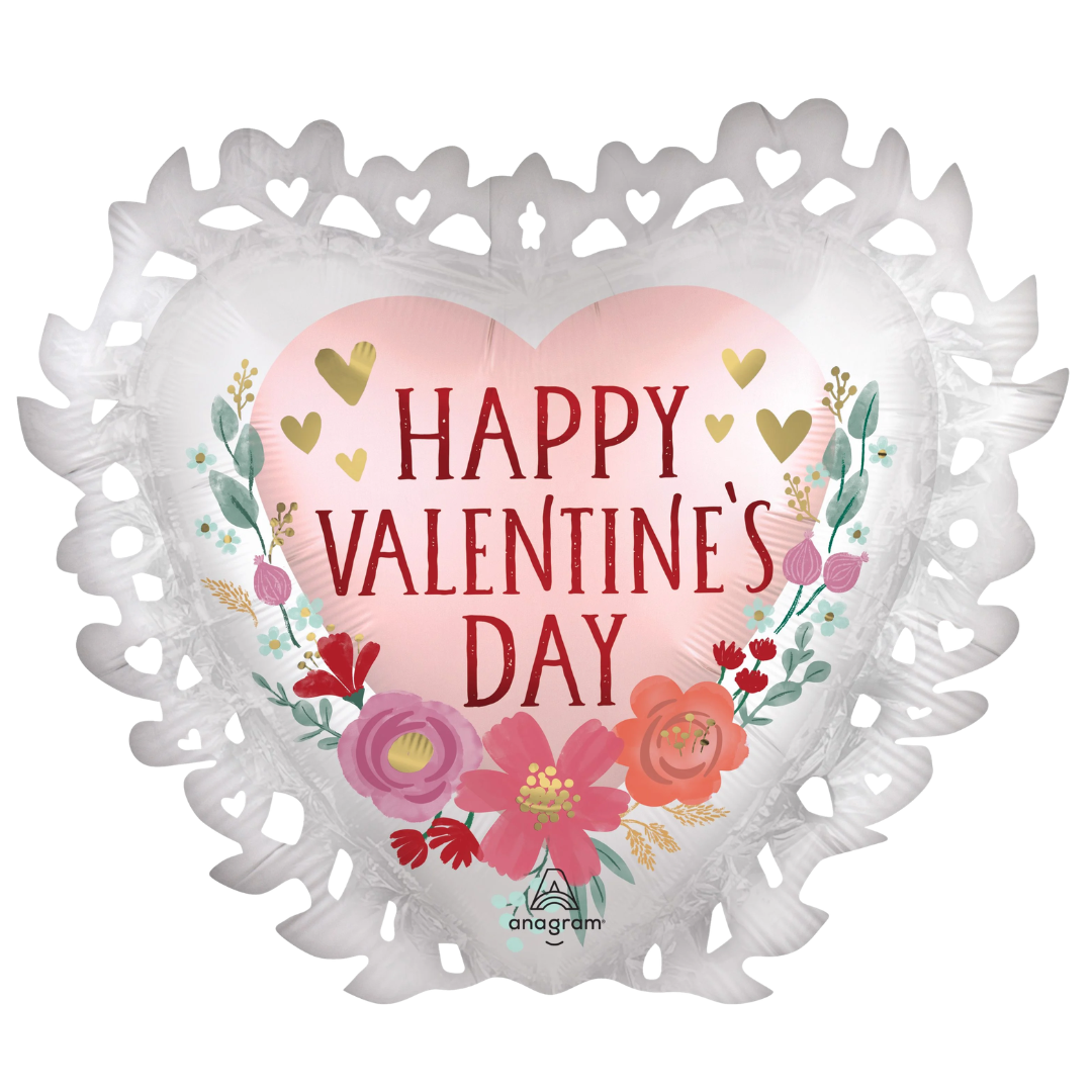 Heart-shaped balloon with 'Happy Valentine's Day' text and floral designs on a white background