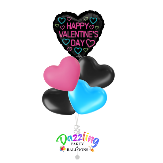 Happy Valentine's Day Neon Heart Foil Balloon Bouquet