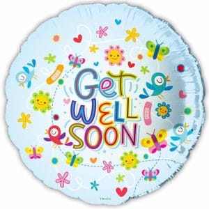 Colorful Get Well Soon foil balloon with butterflies and flowers for celebrations.