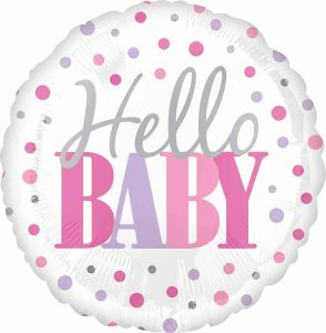 Pink and purple polka dot Hello Baby Girl foil balloon for baby shower.