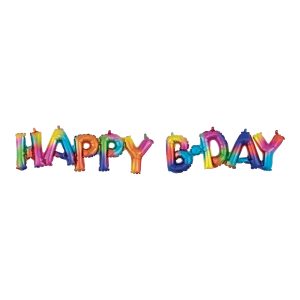 Colorful rainbow foil balloons spelling 'HAPPY B-DAY' for celebration.