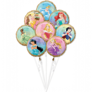 Colorful Disney Princess balloons for party decoration.