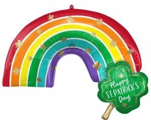 Colorful rainbow foil balloon with a green clover-shaped balloon reading 'Happy St. Patrick's Day'.