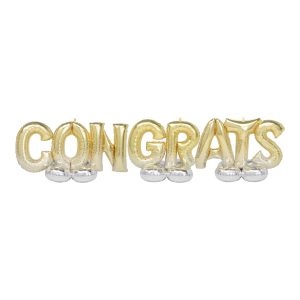 Gold foil balloon spelling 'CONGRATS' for celebration.