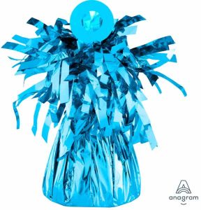 Baby Blue foil balloon weight with metallic fringe for party decor.