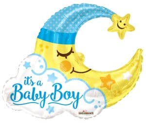 Baby boy moon foil balloon with stars and clouds for baby shower.