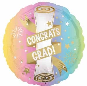Colorful graduation balloon with 'Congrats Grad!' message and confetti design.