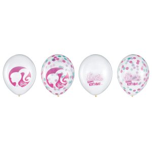 Set of four pink and white Barbie-themed latex balloons with confetti and birthday messages.