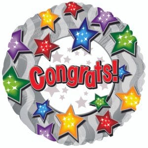 Colorful stars and 'Congrats!' message on foil balloon for celebration.