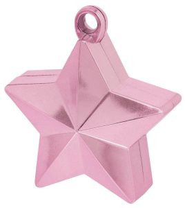 Pink star-shaped balloon weight for event decorations and balloon arrangements.