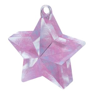 Iridescent star-shaped balloon weight for party decorations.