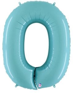 Pastel blue foil balloon shaped as the number 0 for celebrations.