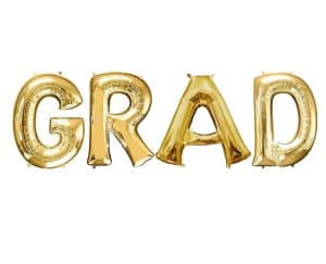 Gold foil balloon letters spelling G-R-A-D for graduation celebration.