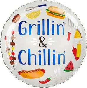 Festive BBQ themed foil balloon with hot dog, burger, and drinks for summer party.