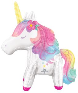 Colorful unicorn-shaped foil balloon with rainbow mane and golden horn.