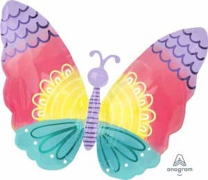 Colorful butterfly foil balloon with pastel tie dye design for celebrations.