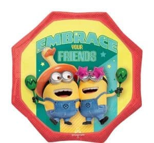 Minions from Despicable Me 4 holding balloons with 'Embrace Your Friends' message.