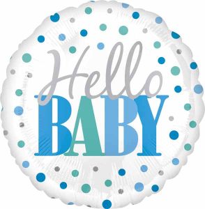 Round foil balloon with 'Hello Baby' text and blue dots for baby shower.
