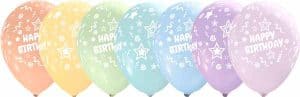 Colorful birthday balloons with stars and 'Happy Birthday' text for celebration.