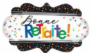 Colorful 'Bonne Retraite' foil balloon with confetti design.