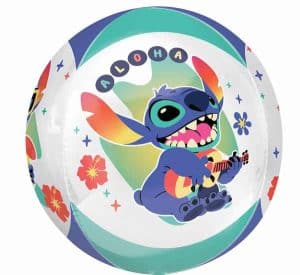Colorful Stitch foil balloon with Hawaiian theme and floral accents.