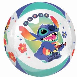 Colorful Stitch foil balloon with Hawaiian theme and floral accents.