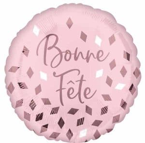 Pink foil balloon with 'Bonne Fete' text and confetti design for celebrations.