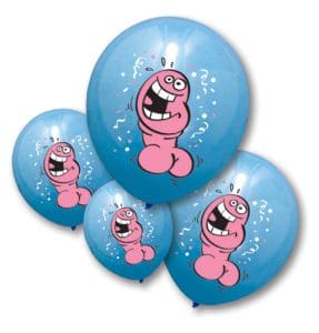 Colorful balloons with a cartoon pink worm character for celebrations.