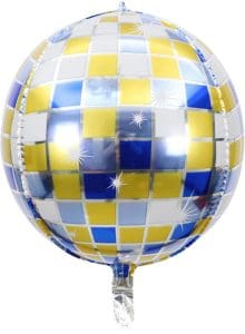 Colorful disco ball balloon with blue, yellow, and white squares for parties.