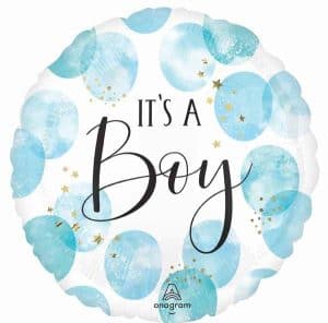 Baby blue water color foil balloon with 'It's A Boy' message and gold star accents.