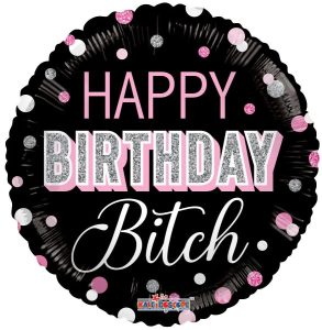 Black round foil balloon with pink and white text for birthday celebration.