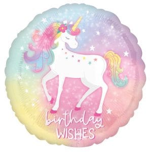 Colorful unicorn birthday balloon with rainbow mane and horn, wishes for a magical celebration.