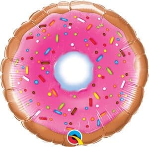 Pink donut-shaped foil balloon with colorful sprinkles for parties.