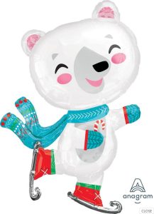 Large polar bear skating foil balloon with colorful accessories.
