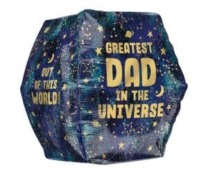Space-themed balloon with 'Greatest Dad in the Universe' message and stars.
