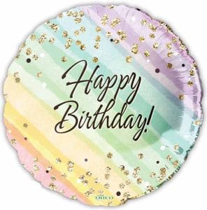 Pastel rainbow birthday balloon with gold glitter and 'Happy Birthday' text.